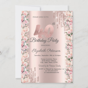 Invitation Roses encadrent des gouttes de rose dorée 40e anni