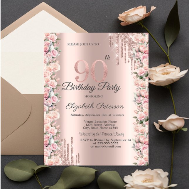 Invitation Roses encadrent des gouttes de rose dorée 90e anni (Créateur téléchargé)
