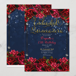 Invitation Roses Enchantées Bleu Marine & Or Quinceañera 15