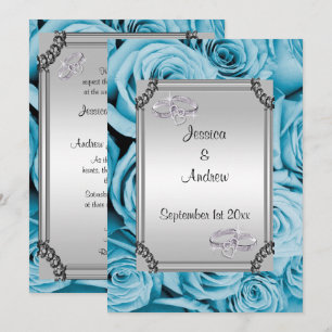 Invitation Roses et anneaux de noces de diamant bleus