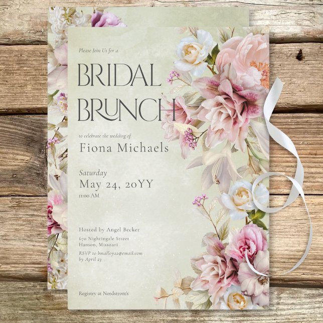 Invitation Roses et Lys roses modernes Brunch nuptial vert (Delicate Modern Pink Rose & Lily Green Bridal Brunch Invitation)