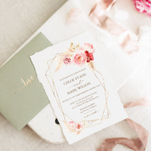 Invitation Roses et Pampas Grass Gold Frame Mariage