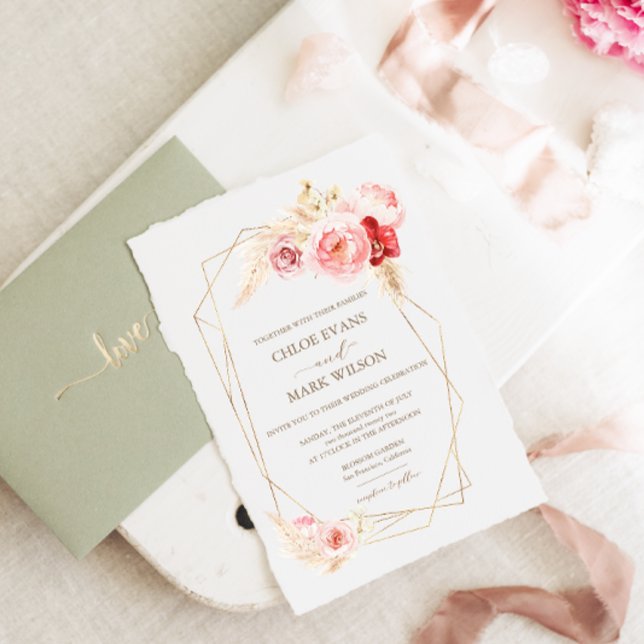 Invitation Roses et Pampas Grass Gold Frame Mariage (Créateur téléchargé)