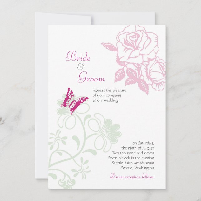 Invitation Roses et papillons illustrés Mariage de printemps (Devant)