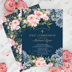 Invitation Roses et pivoines bleus Lace Première communion