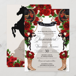 Invitation Roses et pivoines rouges Ouest Charro Quinceanera