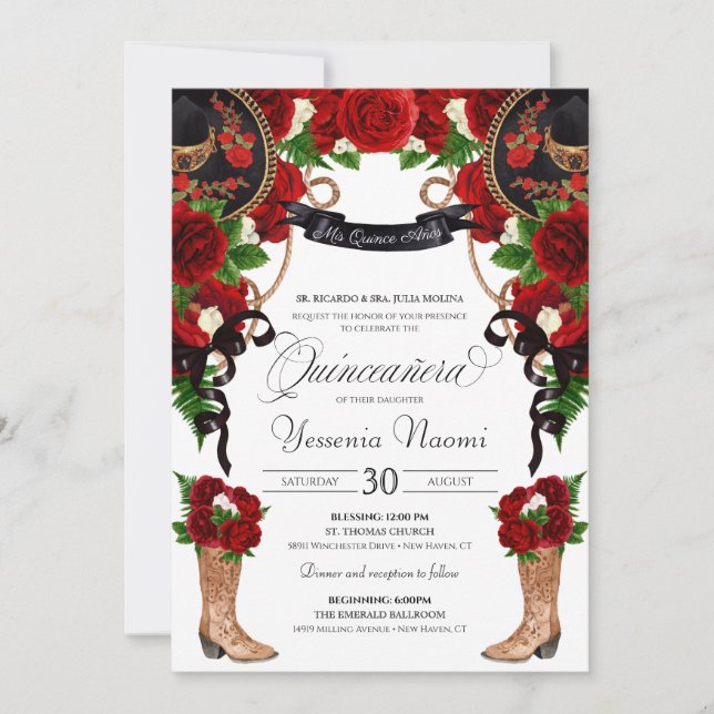 Invitation Roses et pivoines rouges Ouest Charro Quinceanera  (Devant)