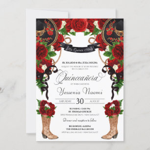 Invitation Roses et pivoines rouges Ouest Charro Quinceanera