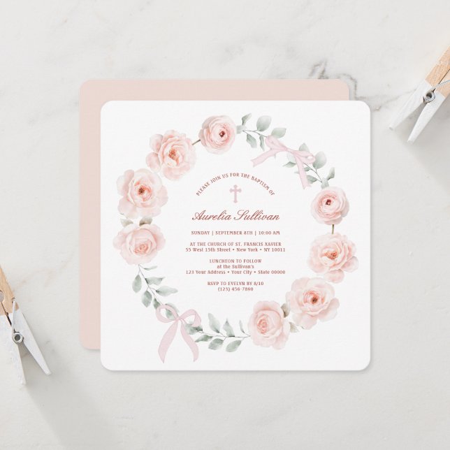 Invitation Roses et vaches Wreath Baptême (Devant/Arrière en situation)