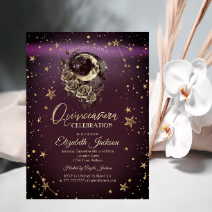 Invitation Roses étoiles lune céleste Burgundy Quinceanera
