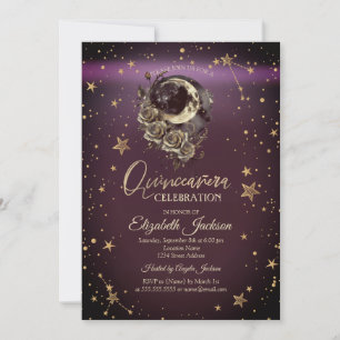 Invitation Roses étoiles lune céleste Burgundy Quinceanera
