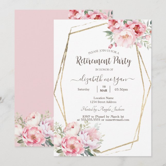 Invitation Roses Fardées Cadre en Or Retraite     (Devant / Derrière)