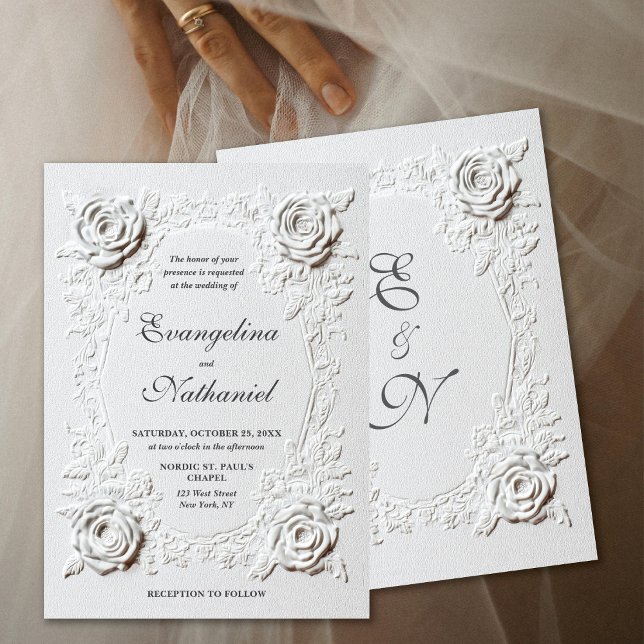 Invitation Roses Faux Gaufrage Élégant Écriture Formel Mariag (Créateur téléchargé)