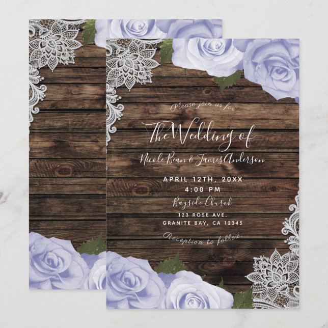 Invitation Roses Fleurales Violettes Glacées Mariage Bois Rus (Devant / Derrière)