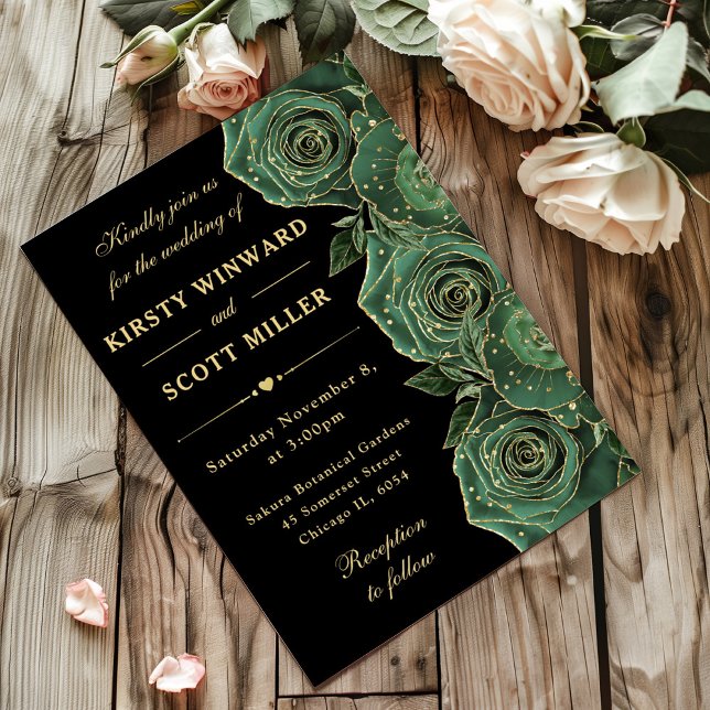 Invitation Roses Fleuris de Mariage Vert et Or (Créateur téléchargé)