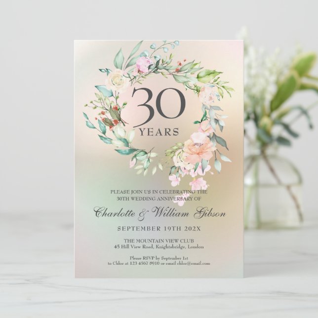 Invitation Roses Fleuris Perle Anniversaire de Mariage 30 Ans (Debout devant)