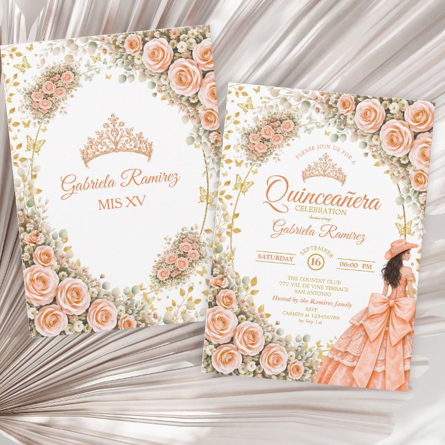 Invitation Roses Fleurs de Pêcher Dorées Quinceañera Occident (Créateur téléchargé)