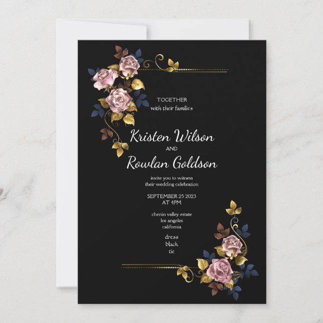 Invitation Roses Fleurs en Or Rose (Devant)