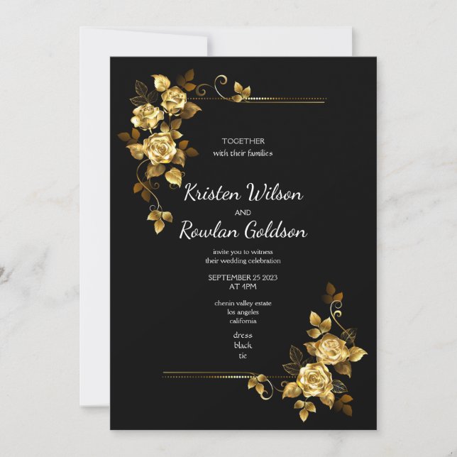 Invitation Roses Fleurs en Or sur Fond Noir (Devant)