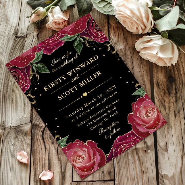 Invitation Roses Fleurs Rouges et Dorées Mariage (Créateur téléchargé)