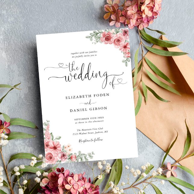 Invitation Roses Floral Cœurs Script Calligraphie Mariage (Créateur téléchargé)