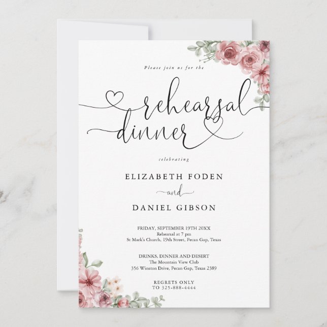 Invitation Roses Floral Heart Script Dîner de Répétition (Devant)