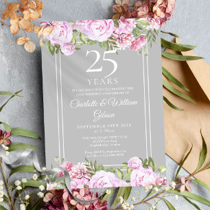 Invitation Roses Florales 25e Anniversaire de Mariage Argenté