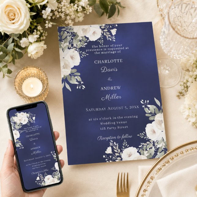 Invitation Roses florales blanches ivoire mariage bleu (Créateur téléchargé)