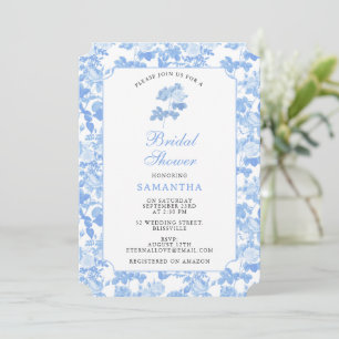 Invitation Roses Florales Bleu Blanc Chinoiserie Mariage