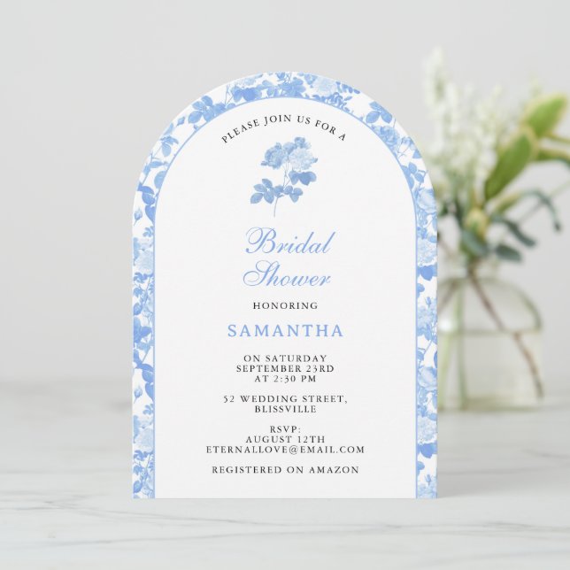 Invitation Roses Florales Bleu Blanc Chinoiserie Mariage  (Debout devant)