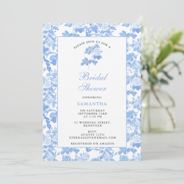 Invitation Roses Florales Bleu Blanc Chinoiserie Mariage  (Debout devant)