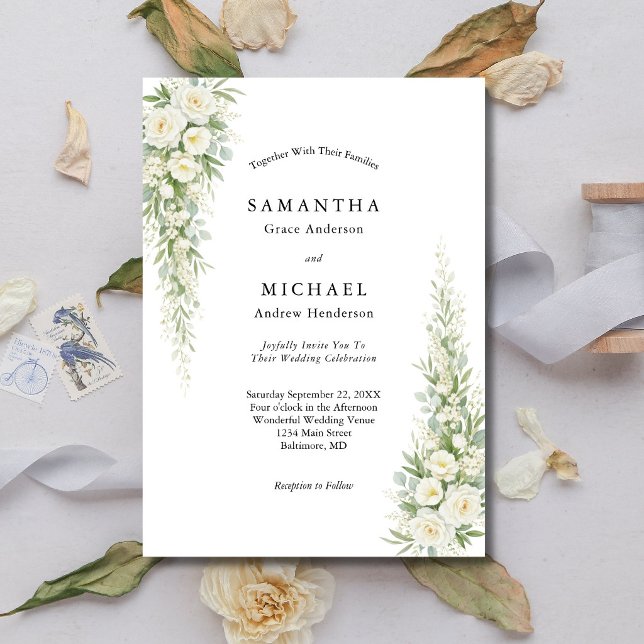 Invitation Roses Florales Crème Blanche Mariage Moderne Éléga (White Cream Watercolor Roses Greenery Modern Classic Wedding Invitation)