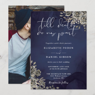 Invitation Roses Florales Gothiques Bleu Minuit Photo Mariage