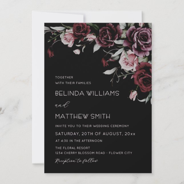 Invitation Roses Florales Gothiques | Mariage (Devant)