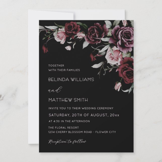 Invitation Roses Florales Gothiques | Photo Mariage (Devant)