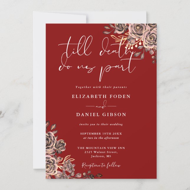 Invitation Roses Florales Gothiques Rouge Sang Mariage (Devant)