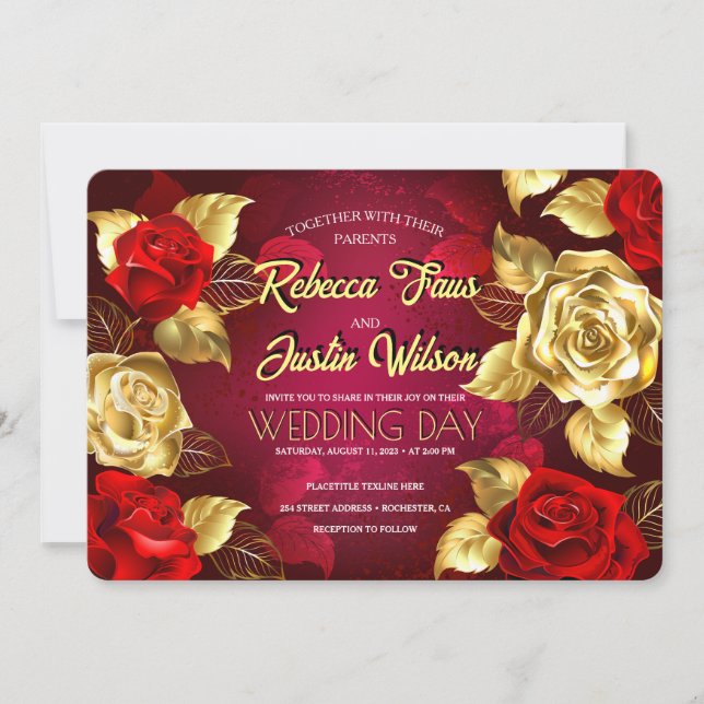 Invitation Roses Florales Moderne Boho Rouge Or (Devant)