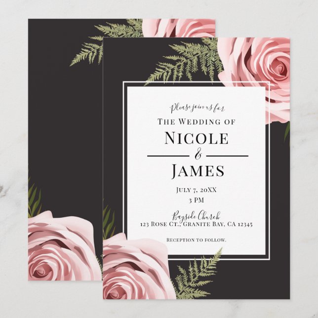 Invitation Roses Florales Rose Foncé Rustique Chic Mariage (Devant / Derrière)