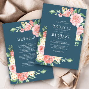 Invitation Roses Florales Rose Pâle Bleu Poussiéreux Mariage