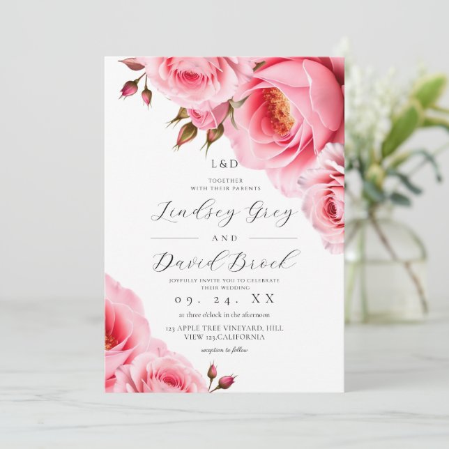 Invitation Roses Florales Rose Pâle Mariage (Debout devant)