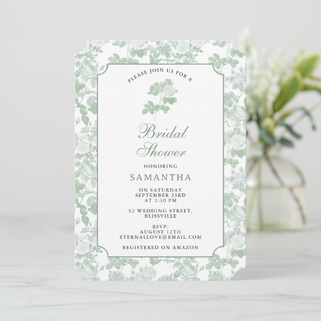 Invitation Roses Florales Vertes Chinoiserie Fête de Mariage  (Debout devant)