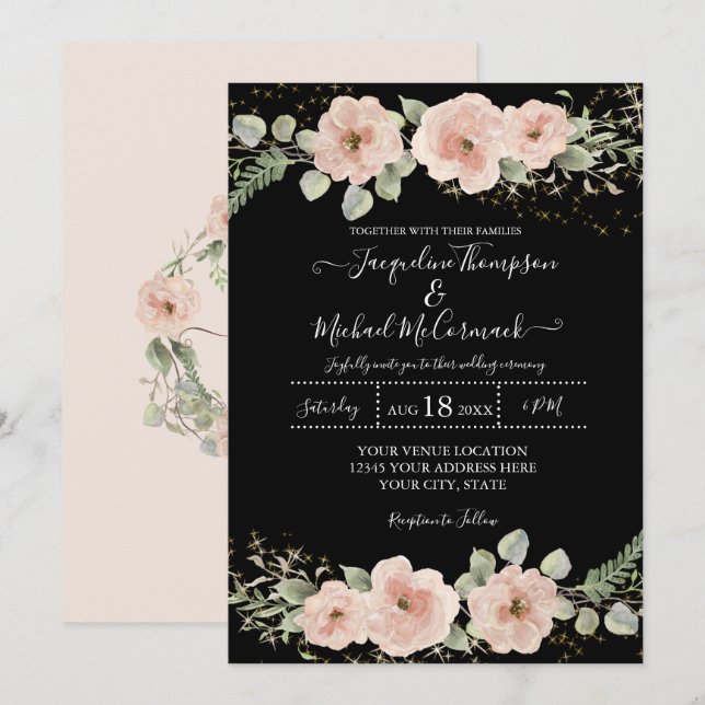 Invitation Roses floraux BOHO Blush Aquarelle Or n Foliage (Devant / Derrière)