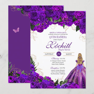 Invitation Roses floraux d'or violet Élégante Quinceanera