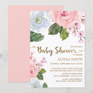 Invitation Roses floraux rose blanc Élégant Baby shower Scrip