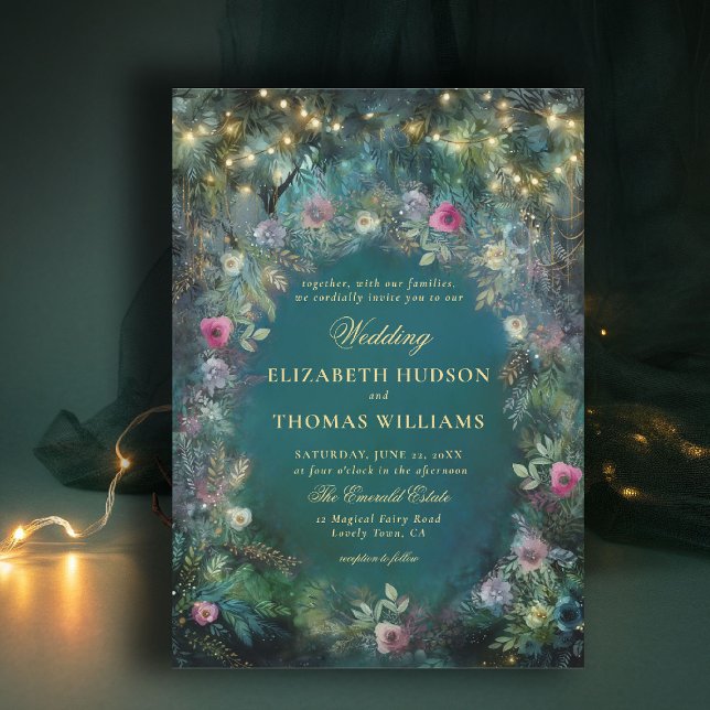 Invitation Roses forestiers enchantés Arch Woodland Mariage o (enchanted forest wedding theme emerald green gold invitation wild roses arch fairy tale storybook)