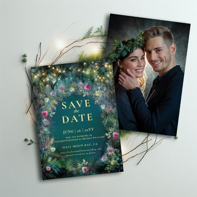 Invitation Roses forestiers enchantés mariage photo Enregistr (enchanted forest photo wedding save the date magical fairy tale woodland roses gold emerald green)