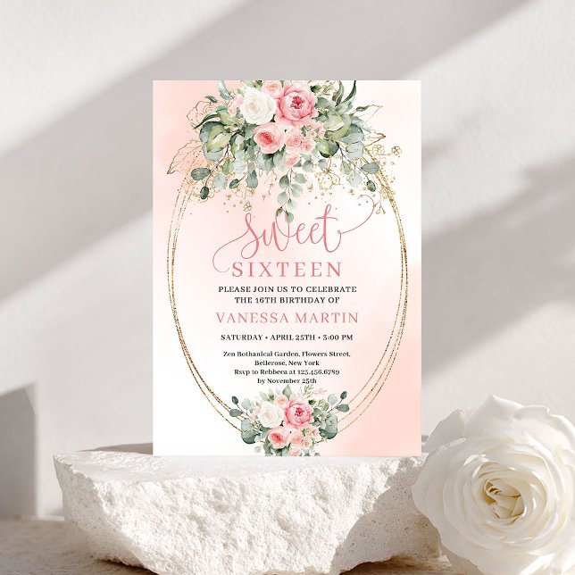 Invitation Roses Fuschia Élégantes Anniversaire 16 Ans Script (Stylish Blush Roses Gold Script 16th Birthday Invitation)
