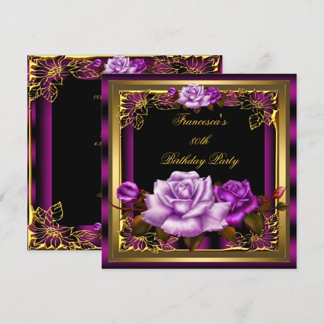 Invitation Roses Fuschia Plum Or Elégant Anniversaire 5 (Devant / Derrière)
