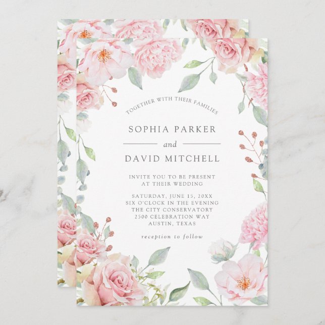 Invitation Roses généreux | Élégant Mariage floral rose (Devant / Derrière)