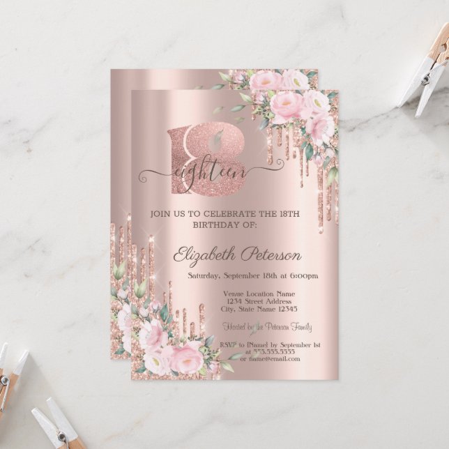 Invitation Roses Glitter Drips Rose Gold 18e Anniversaire (Devant/Arrière en situation)